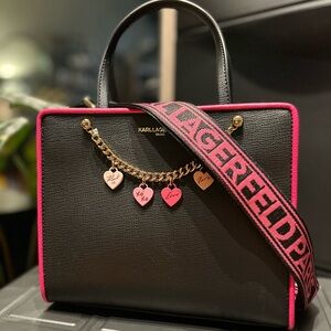 Karl Lagerfeld Paris Maybelle Black & Pink Shoulder/Crossbody Tote Bag w/Chain